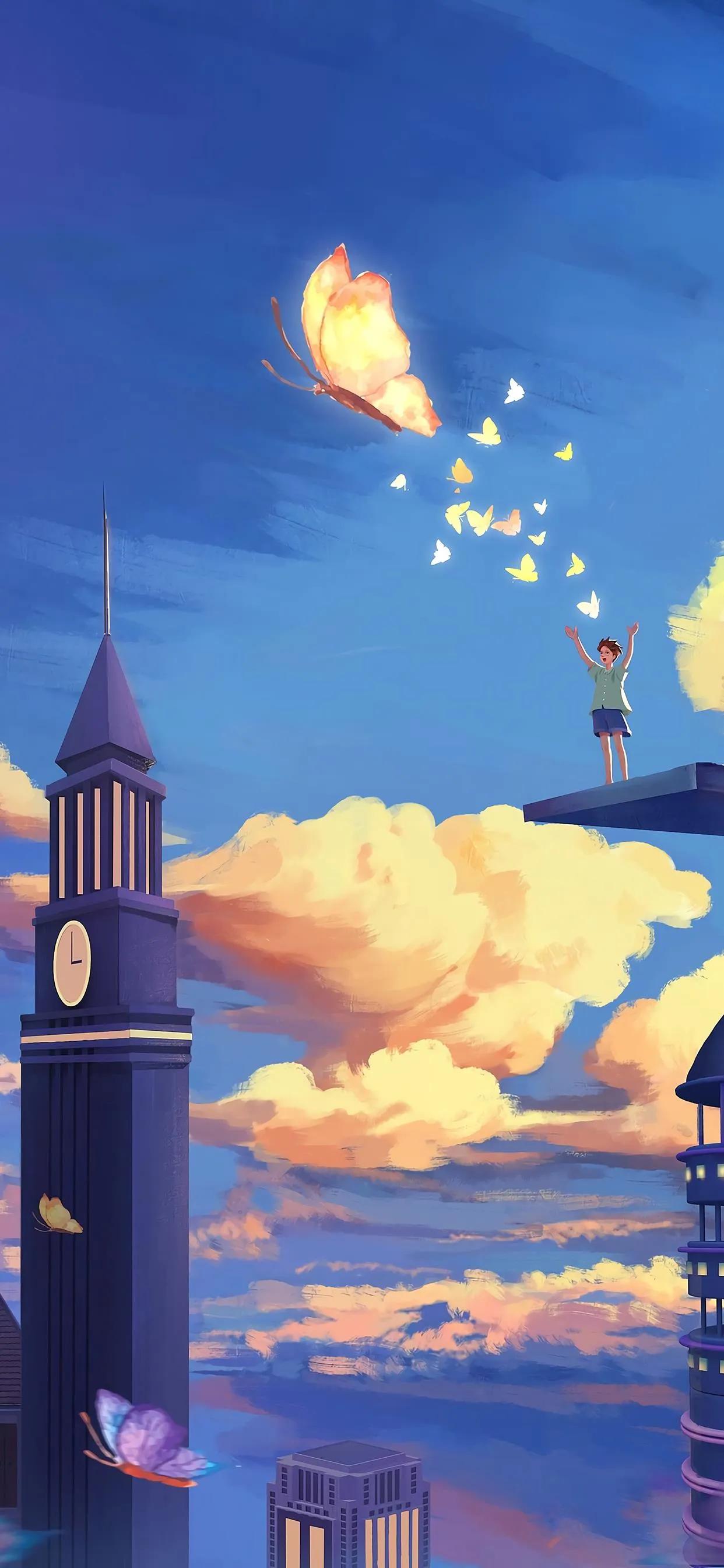 萌图100张可爱壁纸,春日海边小镇壁纸插画