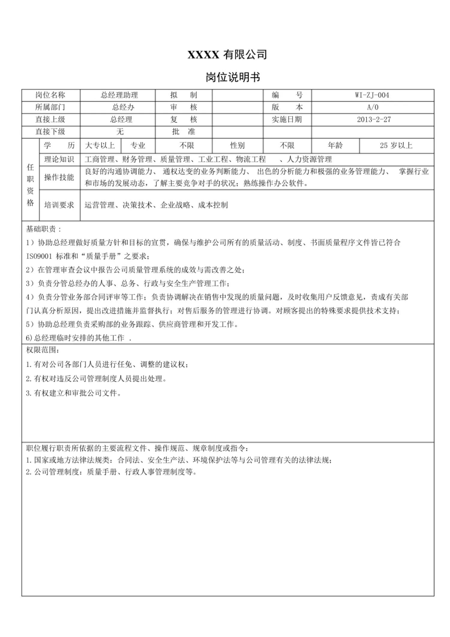 公司各岗位工作流程说明书,岗位工作内容说明及具体工作细节