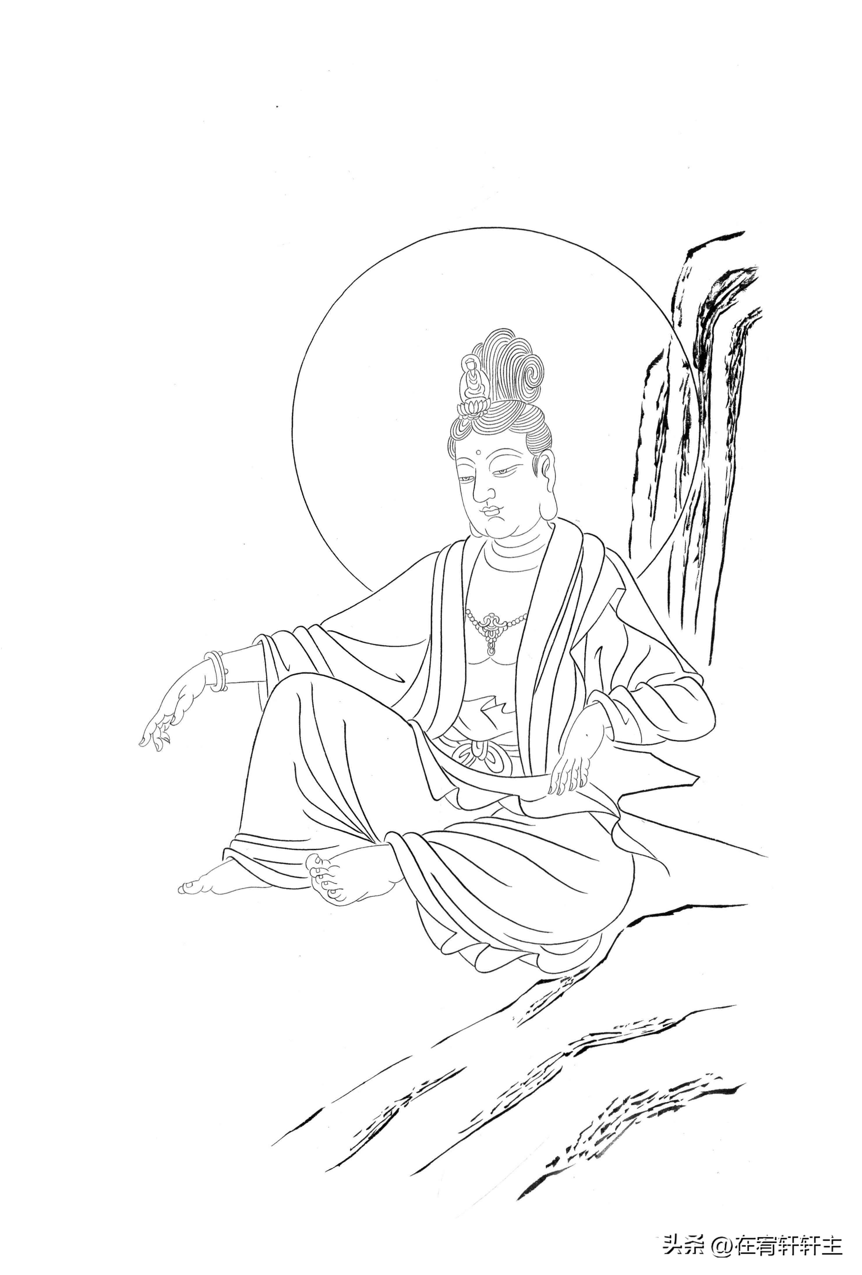 工笔白描观音苏柏斗,工笔画国画白描观音