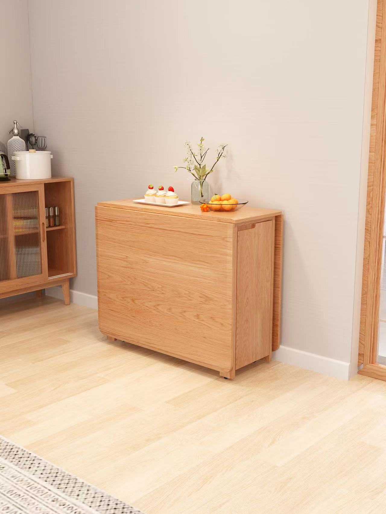 折叠餐桌餐边柜一体小户型,实木餐桌折叠可伸缩长桌小户型