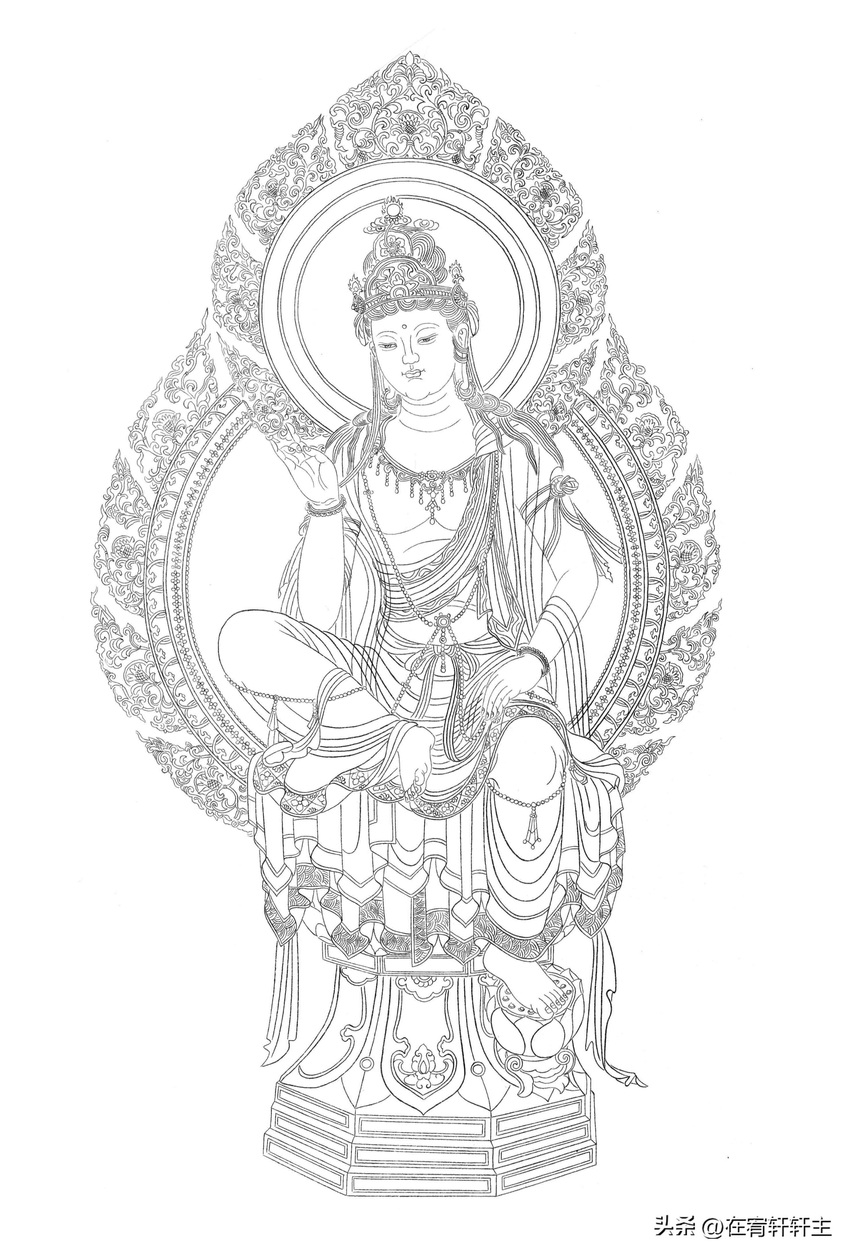 工笔白描观音苏柏斗,工笔画国画白描观音