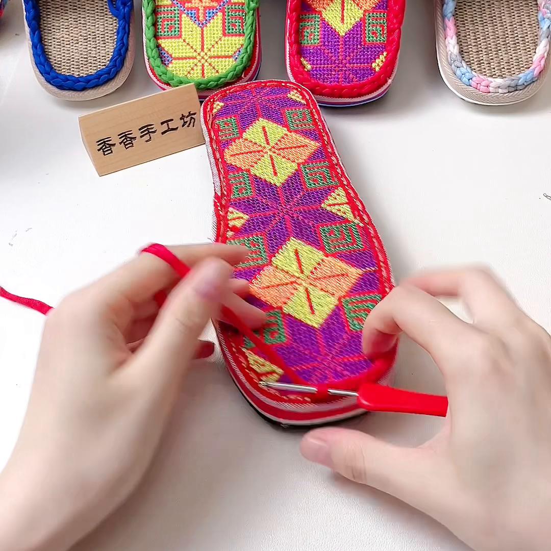 冬季布条线蕾丝花边拖鞋教程,布条线冬季包头拖鞋教程