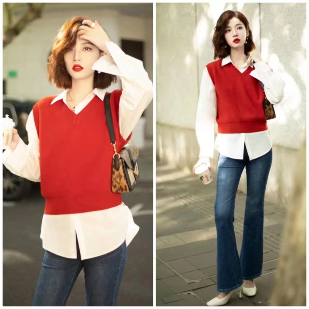 外穿洋气马甲搭格子衬衣,衬衫马甲叠穿什么外套