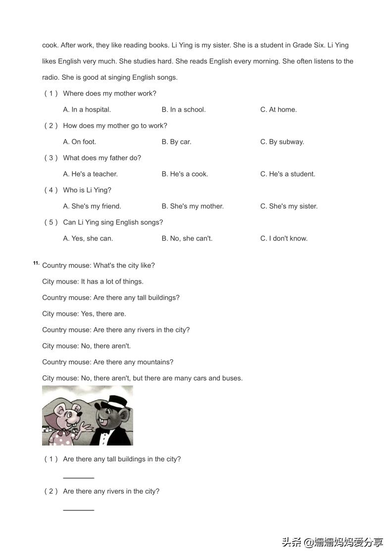 小学英语阅读理解练习题简短,小学英语阅读理解带翻译20篇