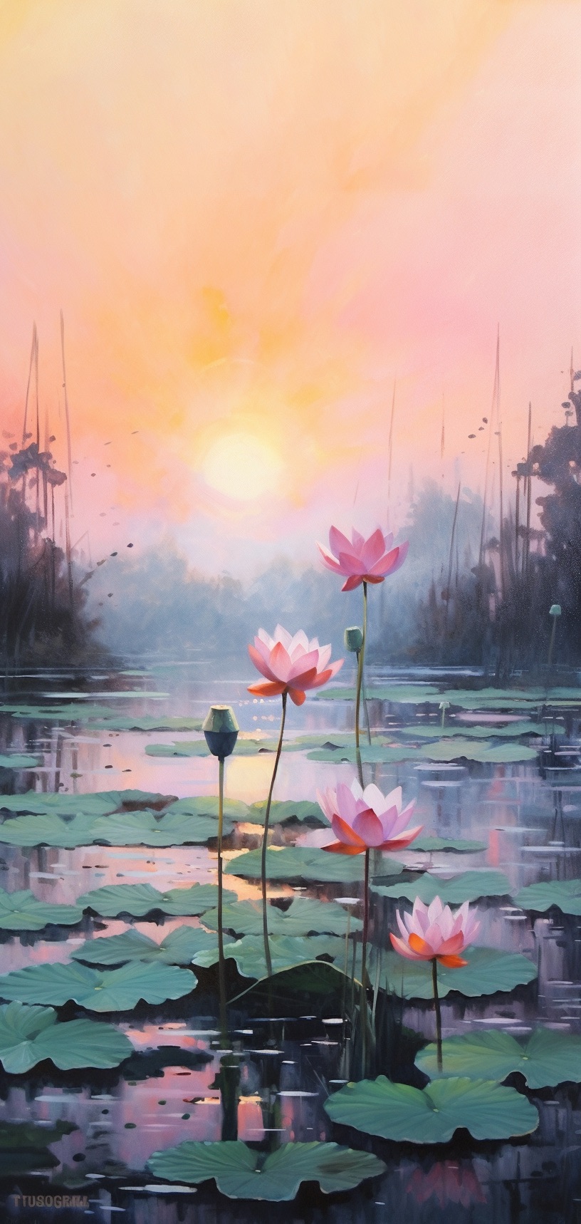 荷塘月色绝美油画,禅意荷塘油画