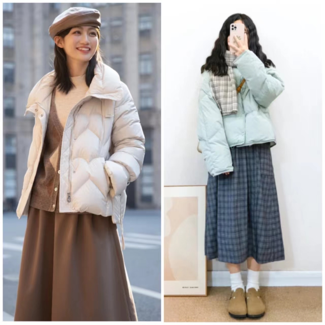 浅蓝色羽绒服怎样搭配黑色半身裙,短款白色羽绒服的最佳搭配半身裙