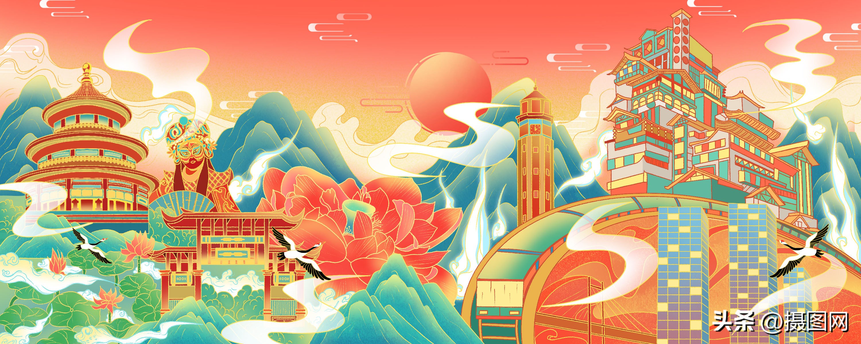 治愈系城市风景插画,扁平风插画风景城市