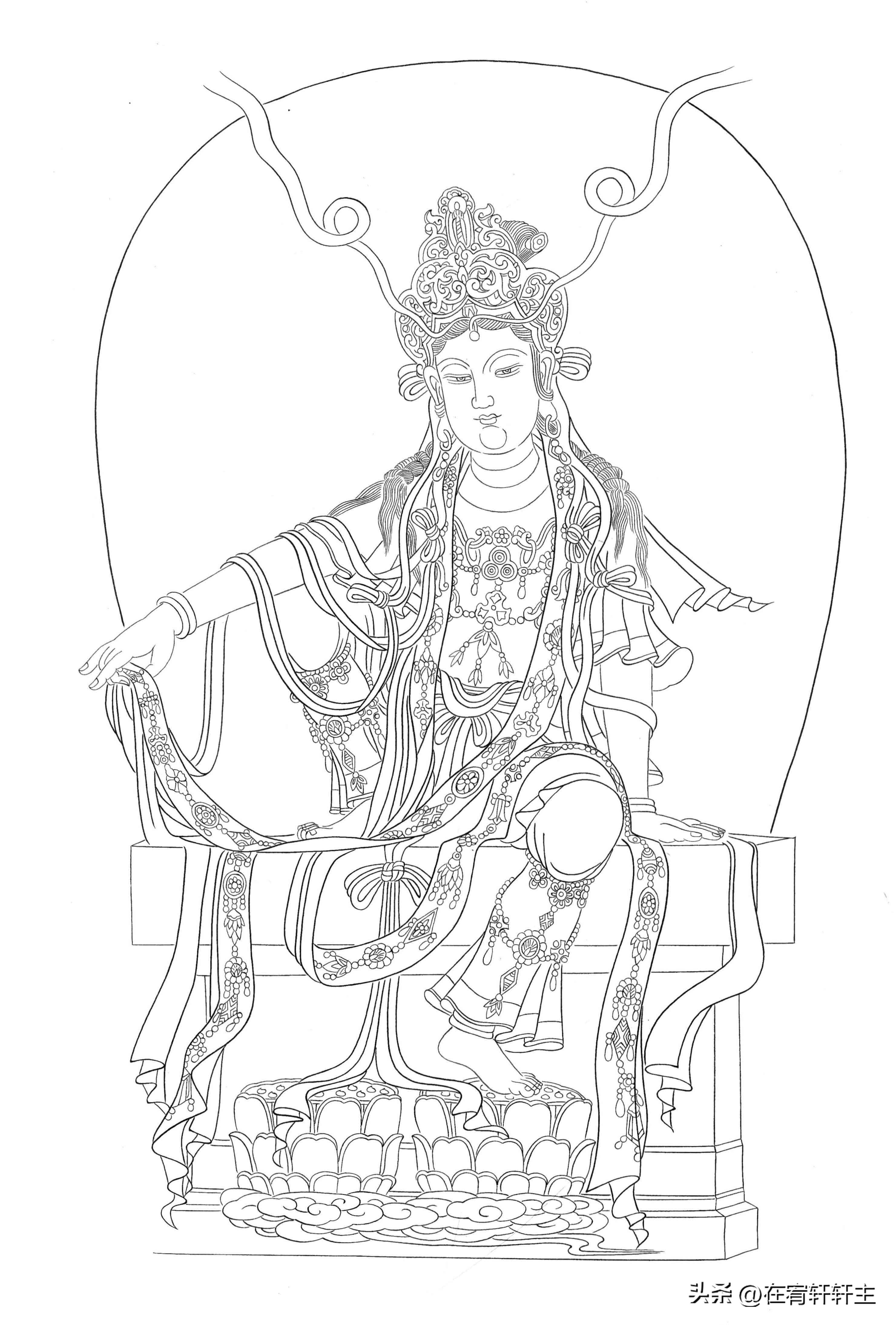 工笔白描观音苏柏斗,工笔画国画白描观音