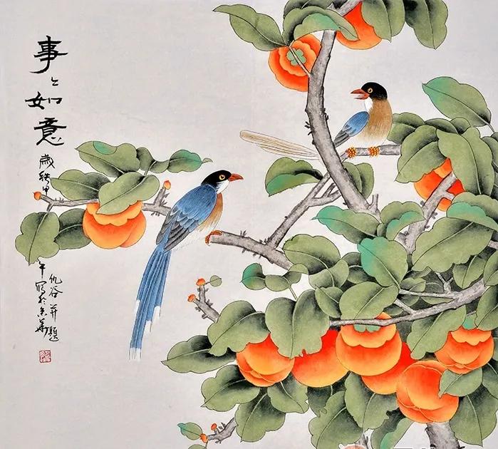 柿子喜鹊国画寓意,喜鹊柿子画寓意