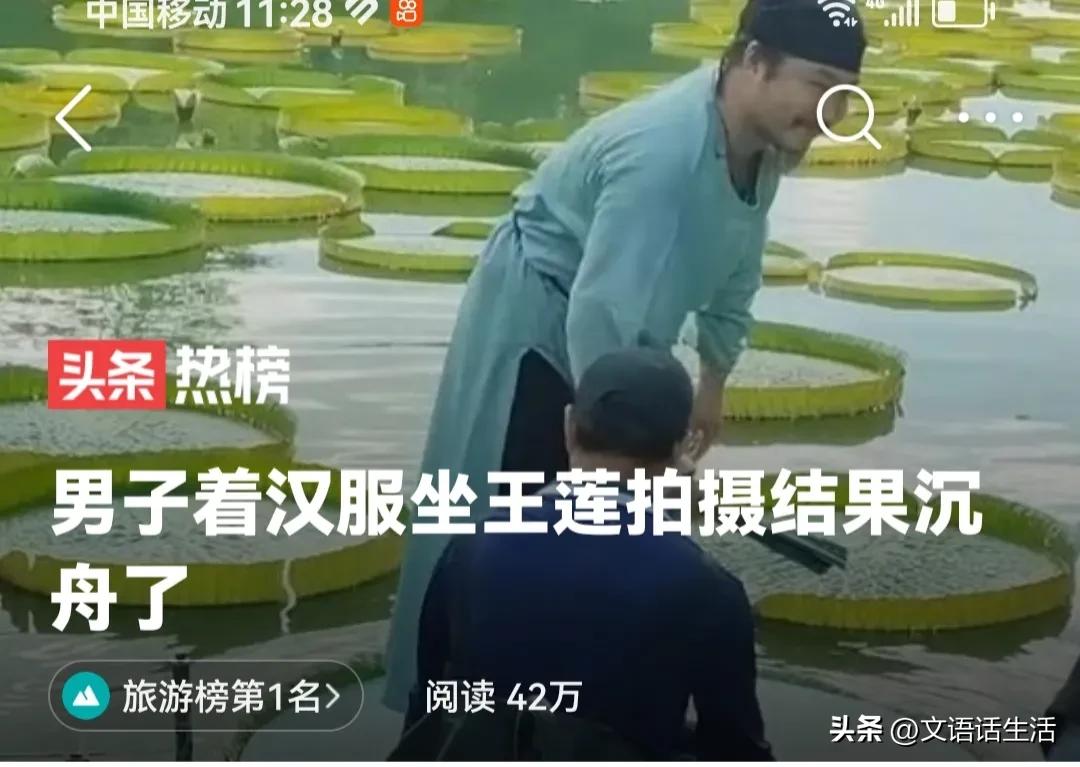 古装男子穿汉服站荷叶上,一男子穿着汉服